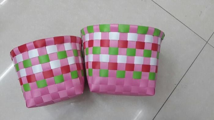 Set of 2 hand-woven Ribbon strapping round oval coloured storage baskets
