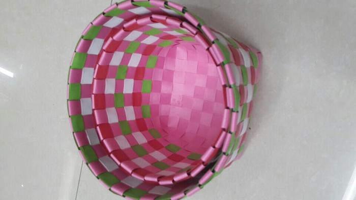 Set of 2 hand-woven Ribbon strapping round oval coloured storage baskets