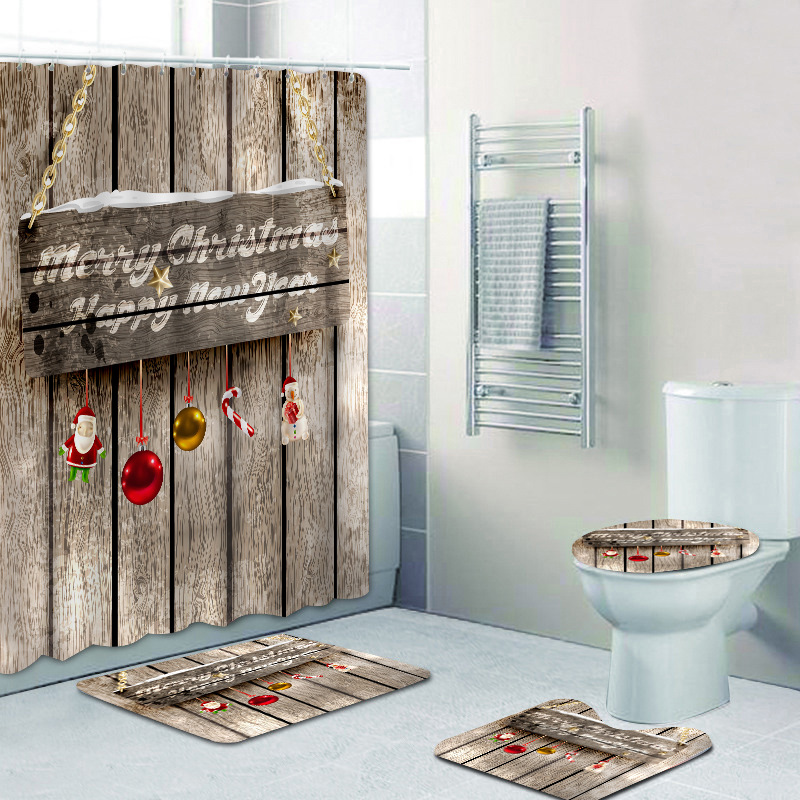 Printed Mat Shower Curtain Non-Slip Cold-Proof Carpet Waterproof Mildew-Proof Polyester Shower Curtain Four-Piece Set Xi Christmas Hanging Decoration