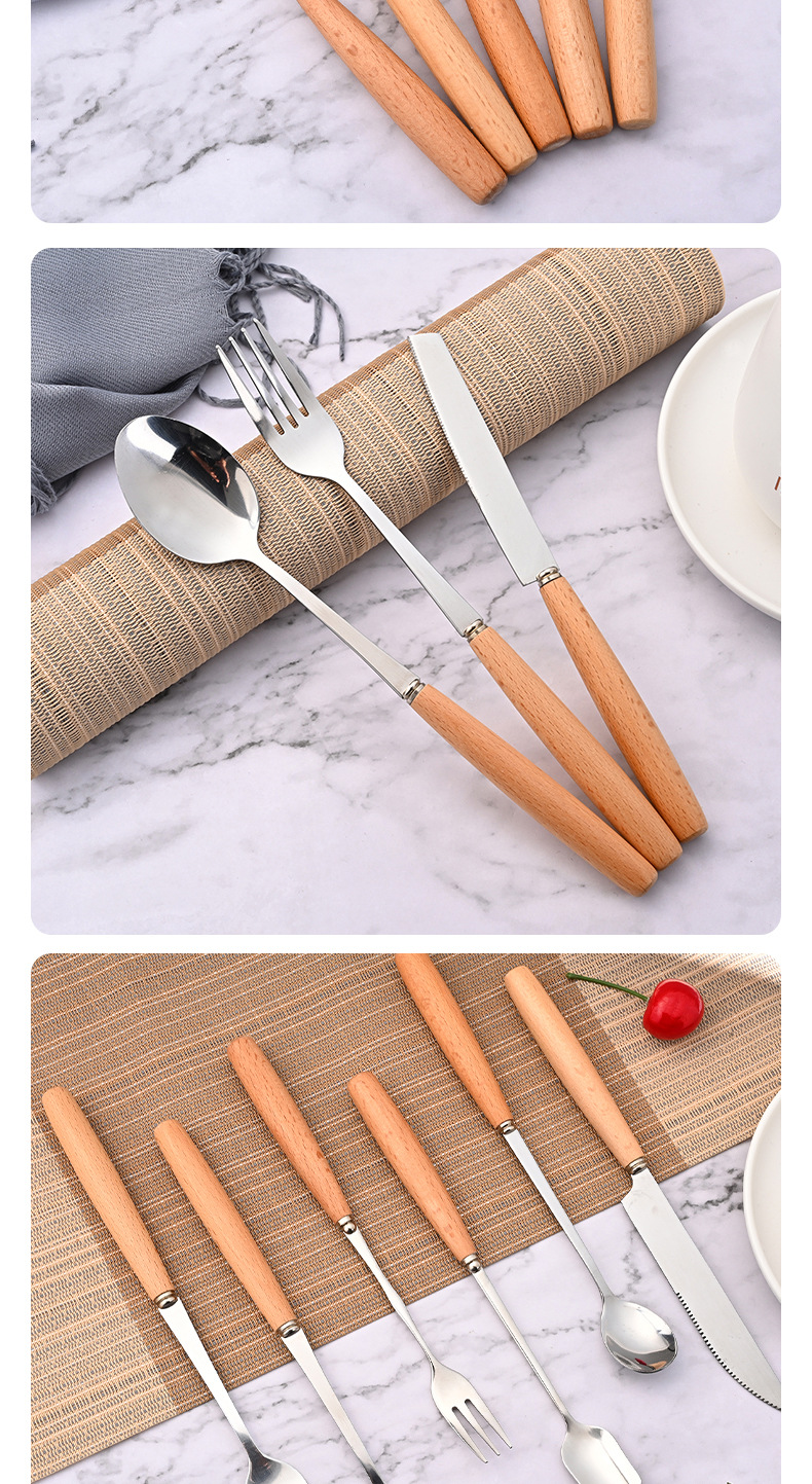 Japanese Style Stainless Steel Tableware with Wooden Handle Beech Handle Knife Fork Spoon Gift Tableware Spoon Fruit Fork Table Knife