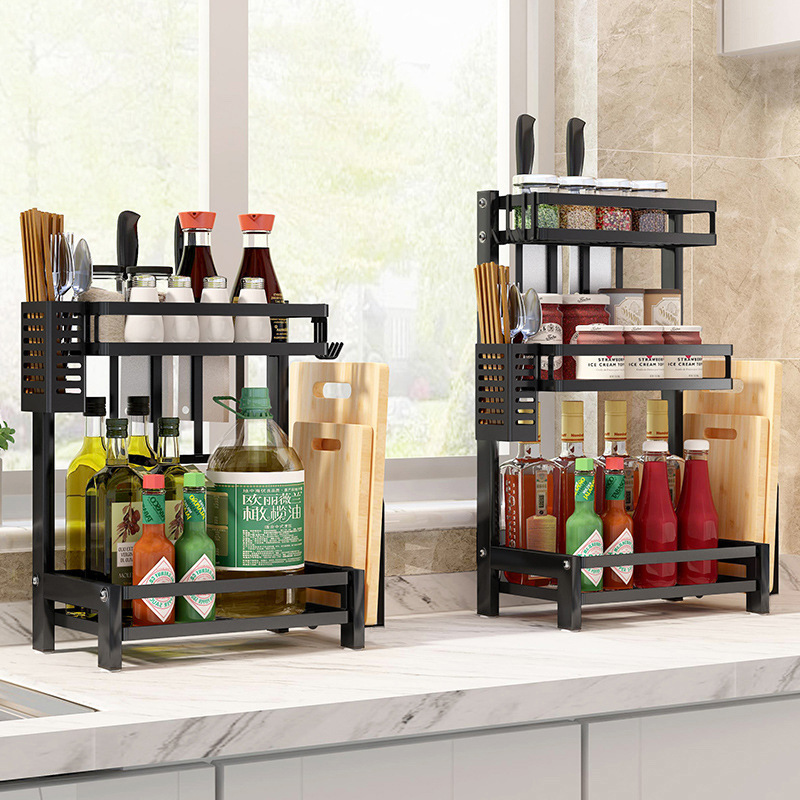 Black Kitchen Storage Rack Stainless Steel Seasoning Rack Supplies Table Knife Rack Multi-Layer Oil Salt Sauce Vinegar Storage Rack
