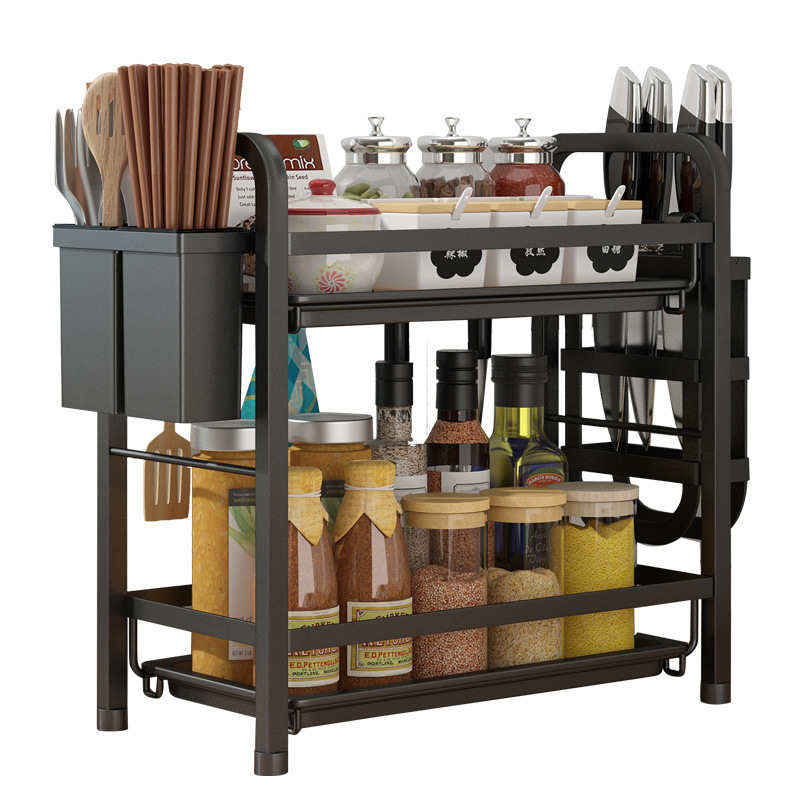 Kitchen Shelf Table Knife Holder Household Seasoning Multi-Functional Storage Shelf Black Seasoning Spice Rack