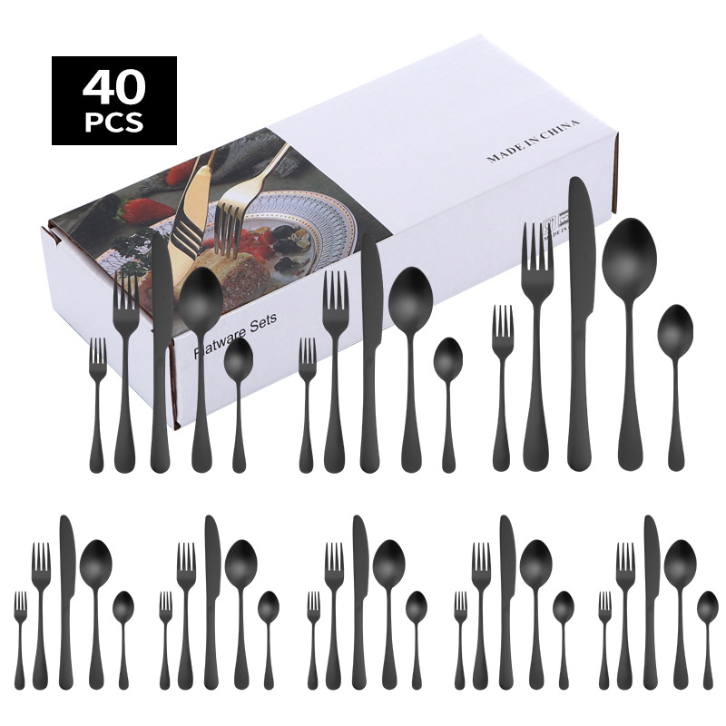 Cross-Border Amazon 1010 Stainless Steel Sanding Tableware 40-Piece Set Black Table Knife Spoon Fork Mail Order Gift Box