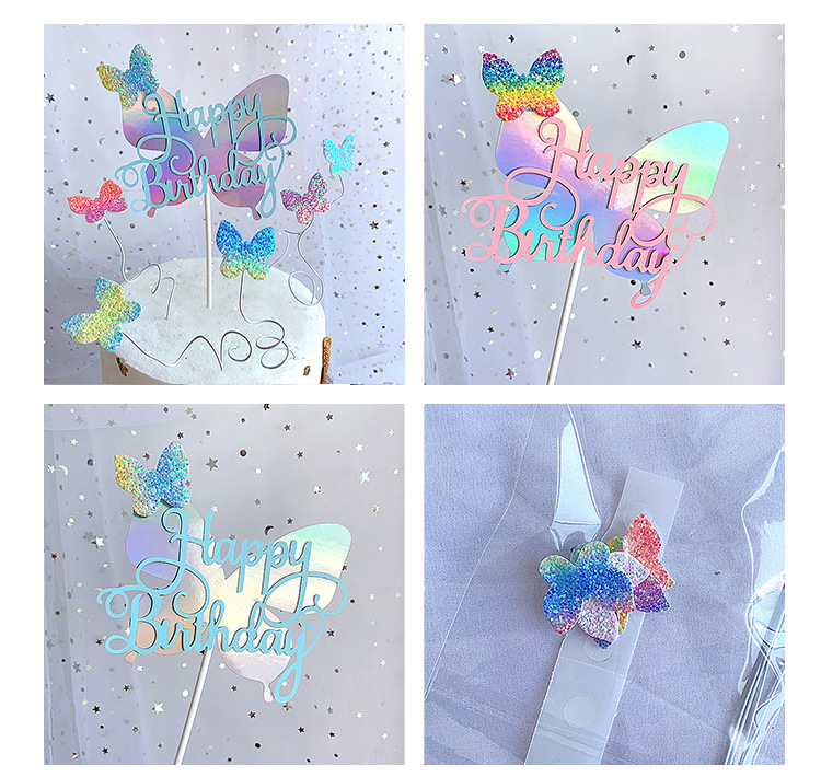 Creative Butterfly Cake Decoration Gradient Color Non-Woven Fabric Cake Inserting Card Dessert Table Happy Birthday Topper for Baking