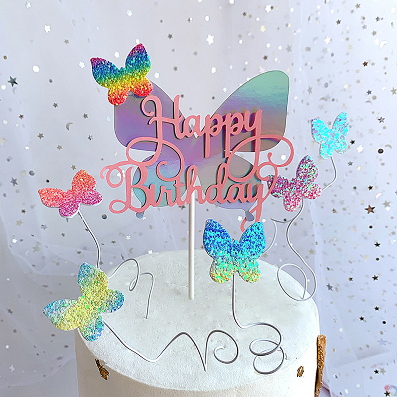 Cross-Border Butterfly Cake Decoration Gradient Color Non-Woven Fabric Cake Inserting Card Dessert Table Happy Birthday Topper for Baking