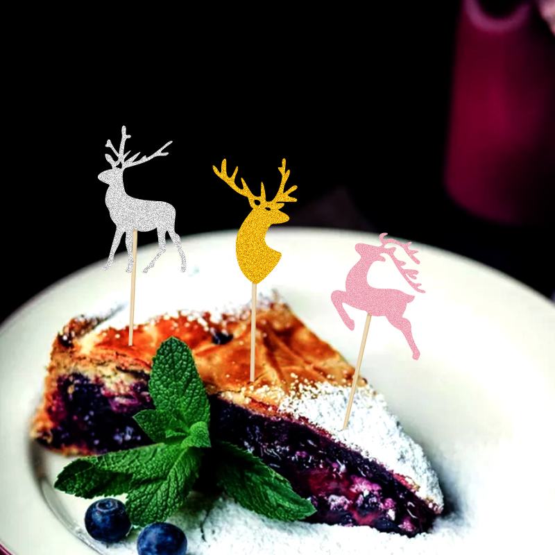 Christmas Party Dining-Table Decoration Gold Silver Rose Gold Reindeer Deer Head Cake Inserting Card