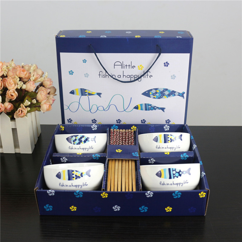Yuyue Ceramic Bowl Chopsticks Cartoon Pattern Gift Box Home Return Gift Ceramic Bowl Chopsticks Sets