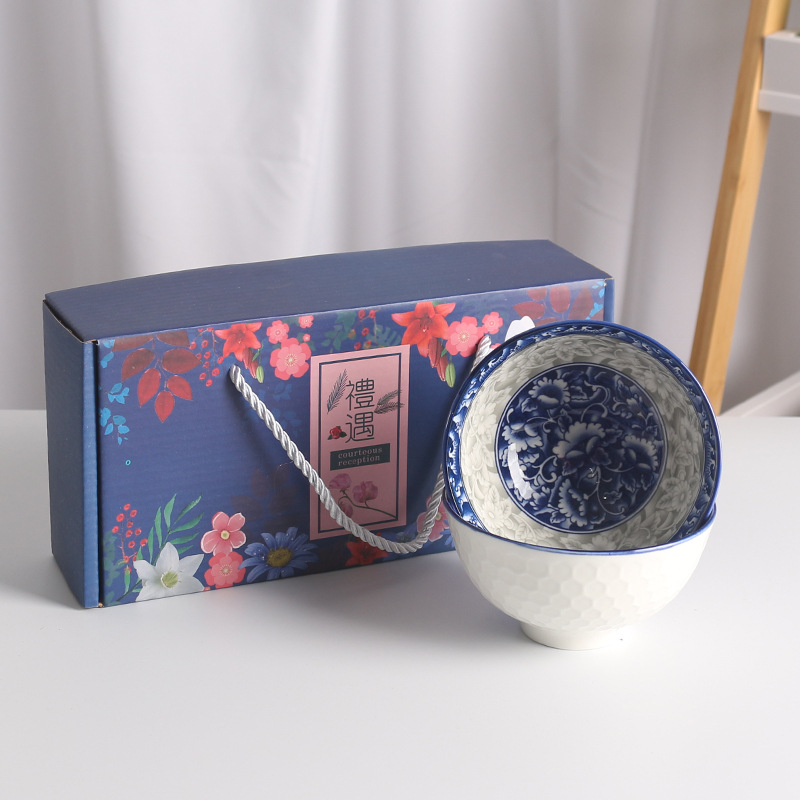Ceramic Bowl and Chopsticks Set Thanksgiving Meeting Gift Tableware National Color Blue and White Insurance Advertising Promotion Drainage Return Gift Exhibition Industry