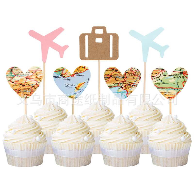 Creative Airplane Luggage Bag Map Cake Inserting Card Set Travel Theme Party Decorative Dessert Table Cake Flag