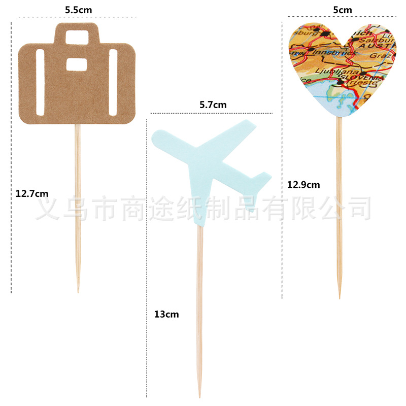 Creative Airplane Luggage Bag Map Cake Inserting Card Set Travel Theme Party Decorative Dessert Table Cake Flag