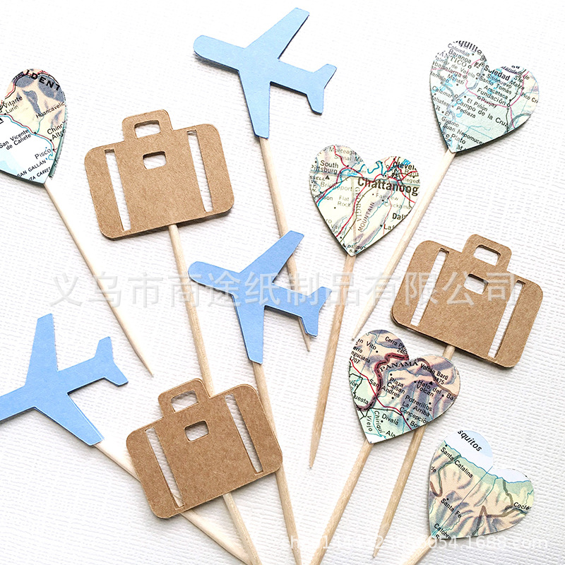 Creative Airplane Luggage Bag Map Cake Inserting Card Set Travel Theme Party Decorative Dessert Table Cake Flag