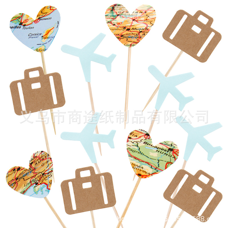 Creative Airplane Luggage Bag Map Cake Inserting Card Set Travel Theme Party Decorative Dessert Table Cake Flag