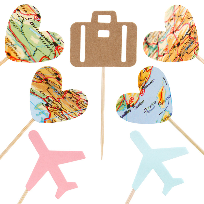 Creative Airplane Luggage Bag Map Cake Inserting Card Set Travel Theme Party Decorative Dessert Table Cake Flag