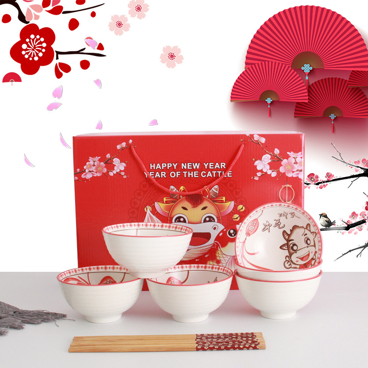 Beef Bowl and Chopsticks Ceramic Tableware Gift Set Customized Opening Promotion Gift Holiday Return Tableware Set