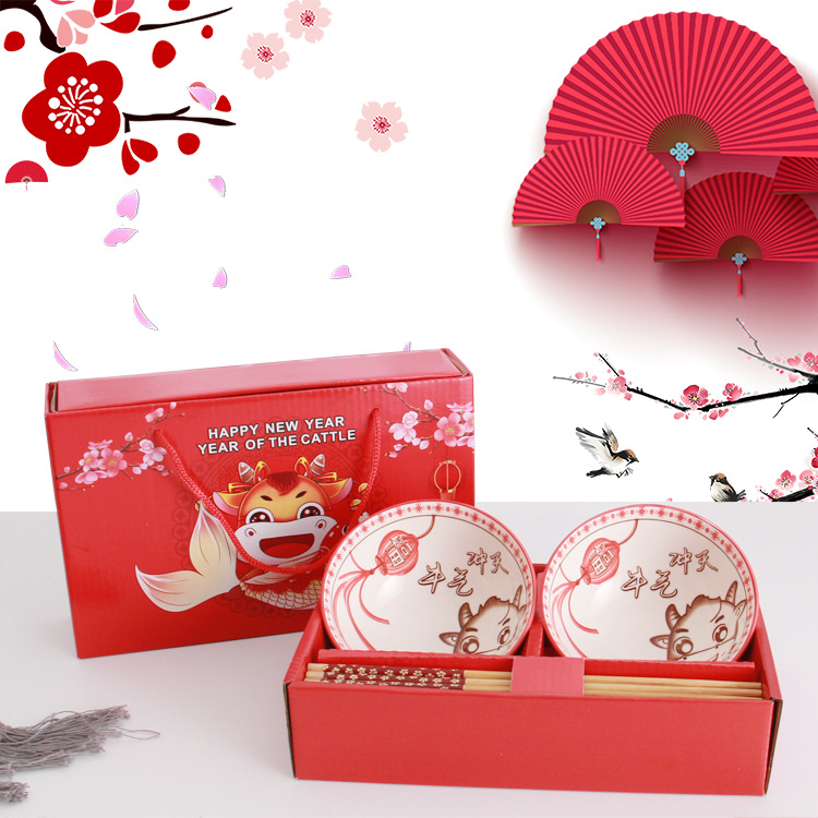 Beef Bowl and Chopsticks Ceramic Tableware Gift Set Customized Opening Promotion Gift Holiday Return Tableware Set