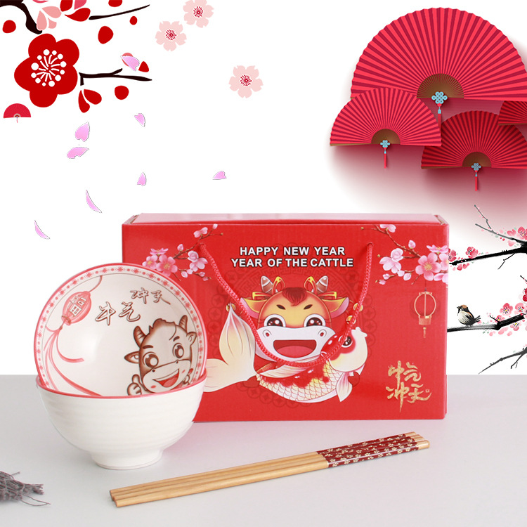 Beef Bowl and Chopsticks Ceramic Tableware Gift Set Customized Opening Promotion Gift Holiday Return Tableware Set