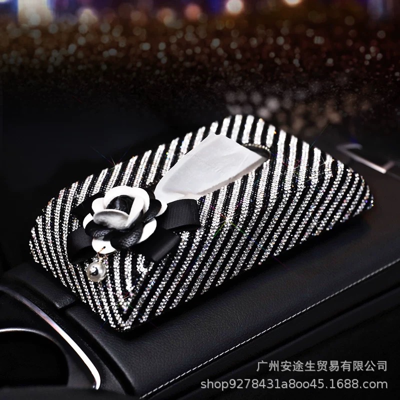 Car Tissue Box Diamond Leather Camellia Striped Full Diamond Tissue Box Seat Armrest Box Tissue Box Car