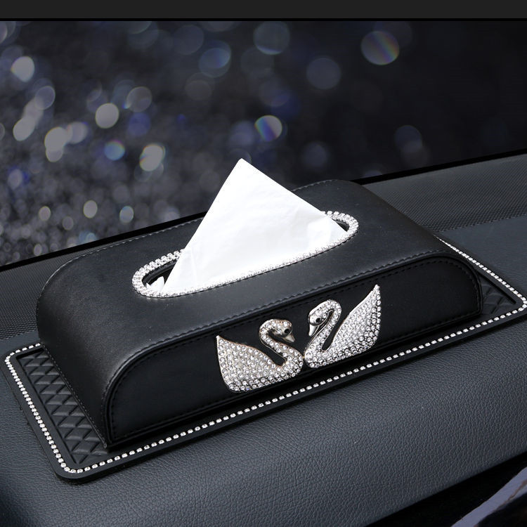Car Tissue Box Creative Double Swan Diamond-Embedded Car Tissue Box High-End Car Vehicle-Seat Tissue Box