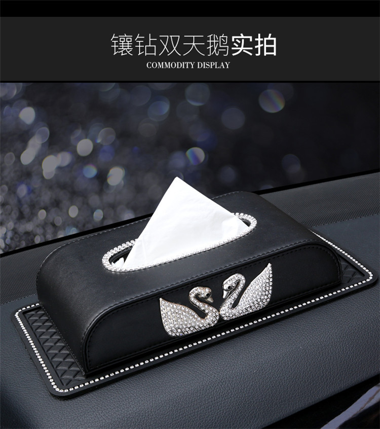 Car Tissue Box Creative Double Swan Diamond-Embedded Car Tissue Box High-End Car Vehicle-Seat Tissue Box