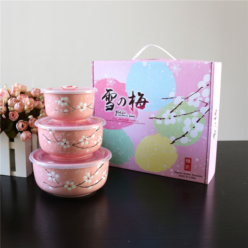 Ceramic Freshness Bowl Three-Piece Microwave Oven Freshness Bowl Gift Box Snowflake Glaze Meeting Sale Gift Wedding Return Set Ceramic Freshness Bowl Three-Piece Microwave Oven Freshness Bowl Gift Box Snowflake Glaze Meeting Sale Gift Wedding Return Set