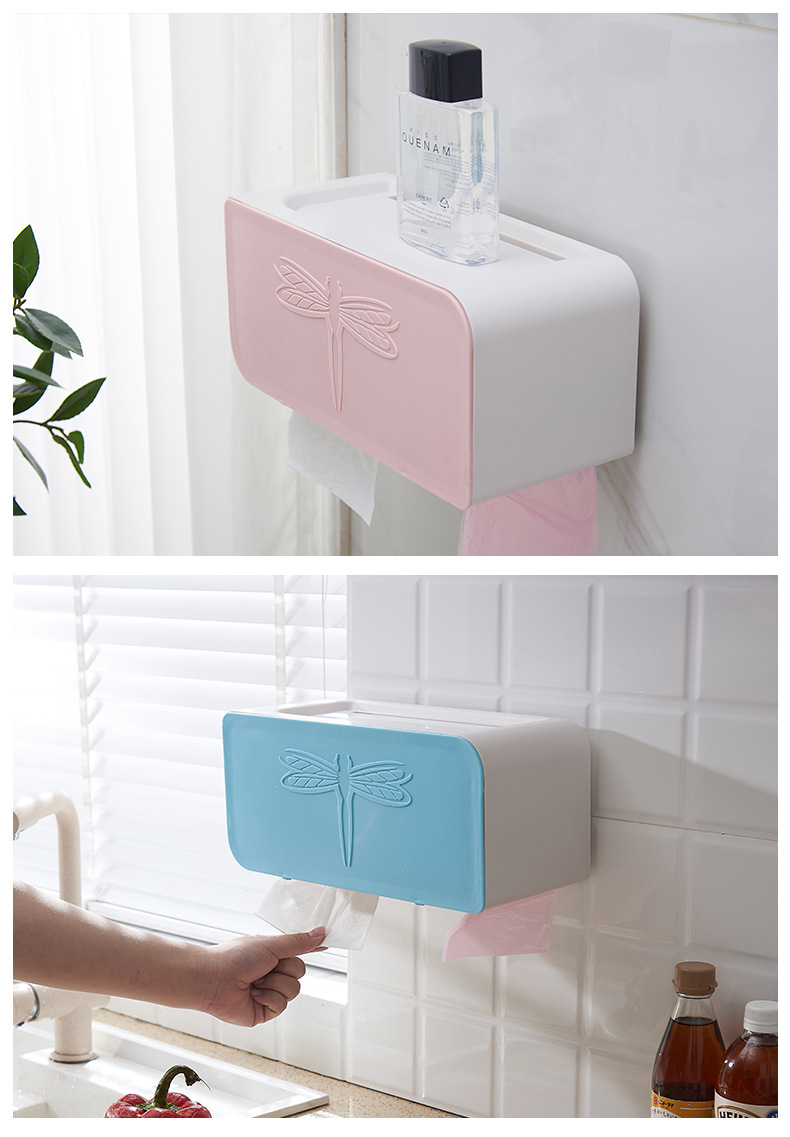 Kitchen Toilet No Trace Stickers Waterproof Multi-Functional Tissue Box Creative Punch-Free Plastic Storage Tissue Box Storage Rack