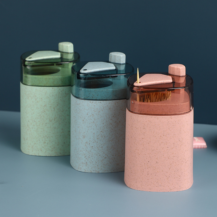 Wheat Straw Automatic Press Type Toothpick Holder Household Creative Toothpick Bottle Living Room Dining Room Transparent Toothpick Box Cans