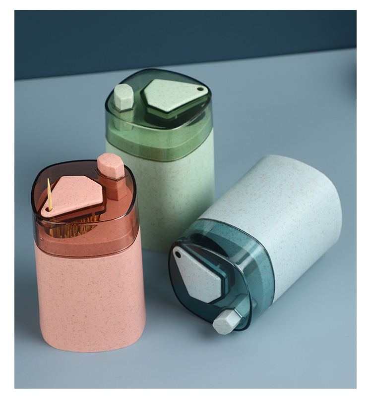 Wheat Straw Automatic Press Type Toothpick Holder Household Creative Toothpick Bottle Living Room Dining Room Transparent Toothpick Box Cans
