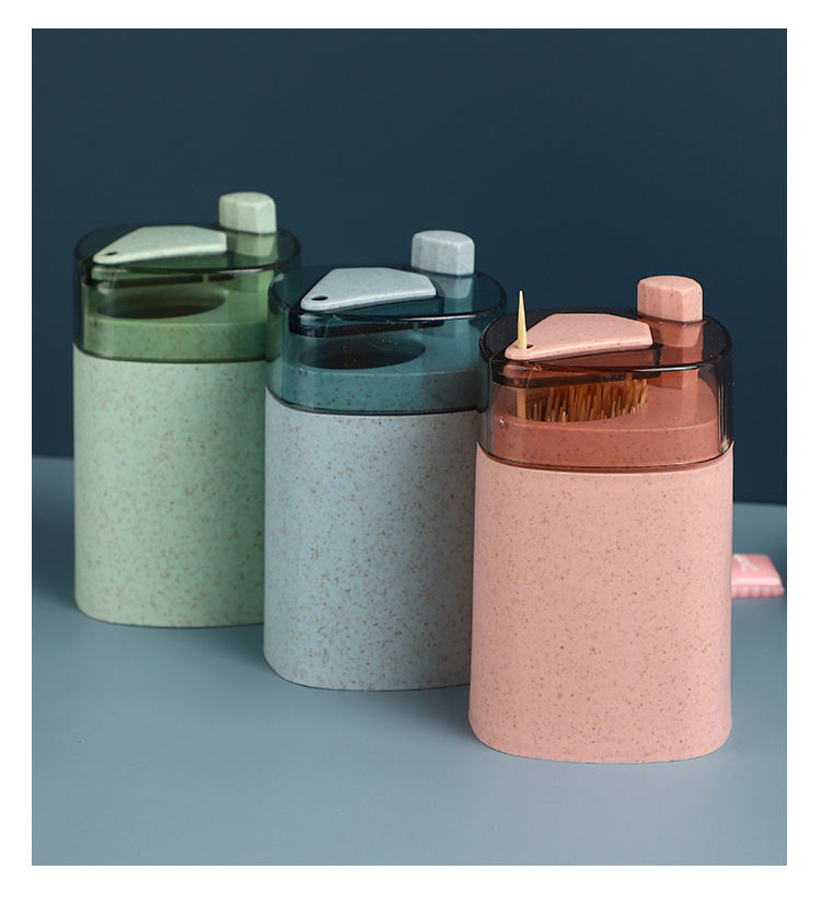 Wheat Straw Automatic Press Type Toothpick Holder Household Creative Toothpick Bottle Living Room Dining Room Transparent Toothpick Box Cans