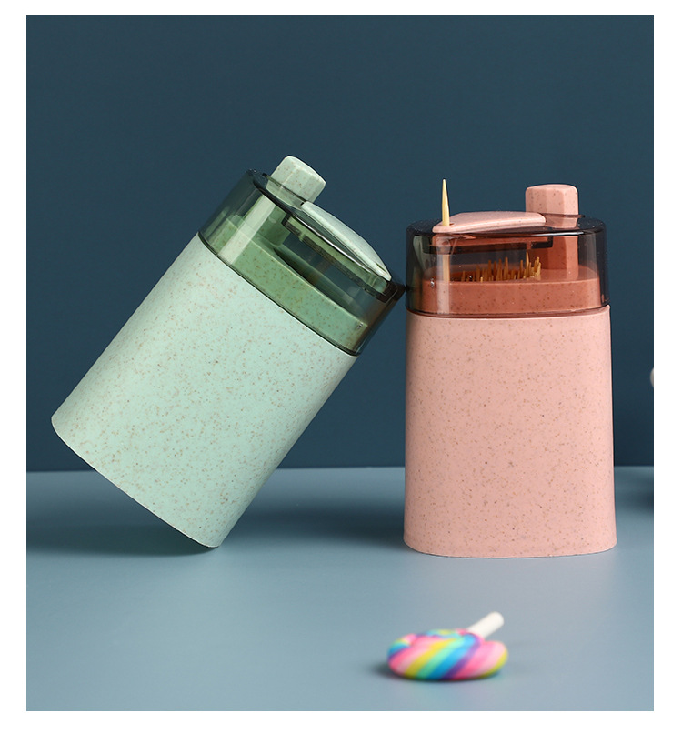 Wheat Straw Automatic Press Type Toothpick Holder Household Creative Toothpick Bottle Living Room Dining Room Transparent Toothpick Box Cans