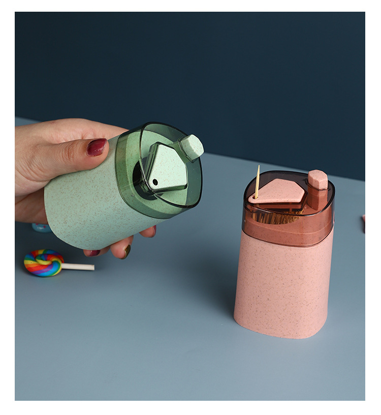 Wheat Straw Automatic Press Type Toothpick Holder Household Creative Toothpick Bottle Living Room Dining Room Transparent Toothpick Box Cans