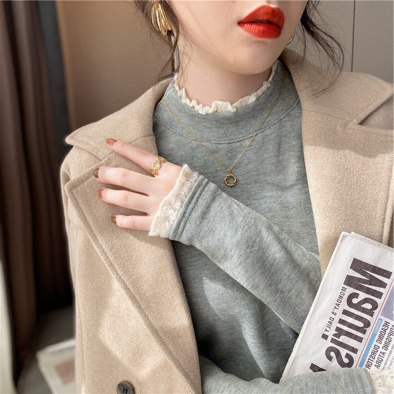 Double-Sided Dralon Toothpick Bottoming Shirt Women&#039;s Half Turtleneck Autumn and Winter Fleece Long Sleeve T-shirt Lace Western Style Inner Wear Top