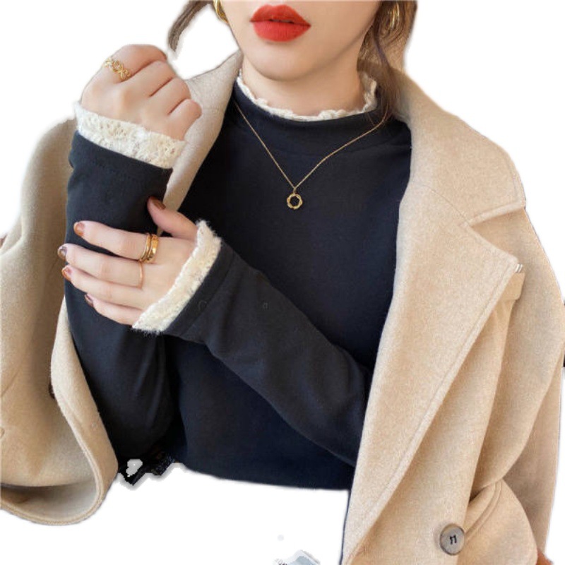 Double-Sided Dralon Toothpick Bottoming Shirt Women&#039;s Half Turtleneck Autumn and Winter Fleece Long Sleeve T-shirt Lace Western Style Inner Wear Top