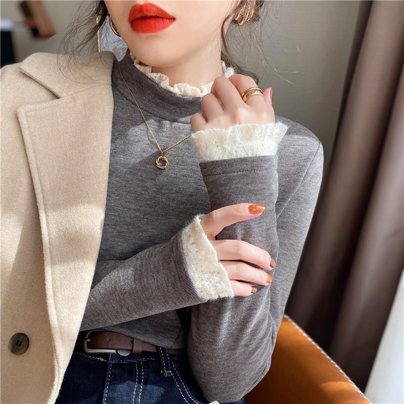 Double-Sided Dralon Toothpick Bottoming Shirt Women&#039;s Half Turtleneck Autumn and Winter Fleece Long Sleeve T-shirt Lace Western Style Inner Wear Top