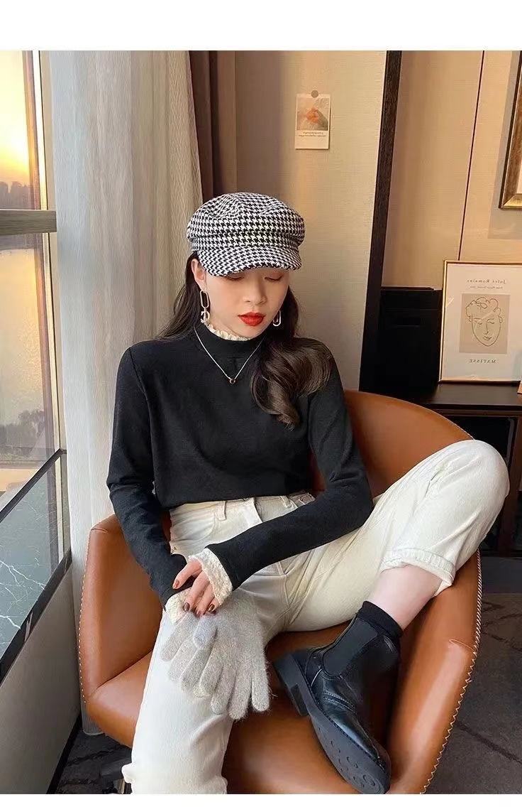 Double-Sided Dralon Toothpick Bottoming Shirt Women's Half Turtleneck Autumn and Winter Fleece Long Sleeve T-shirt Lace Western Style Inner Wear Top
