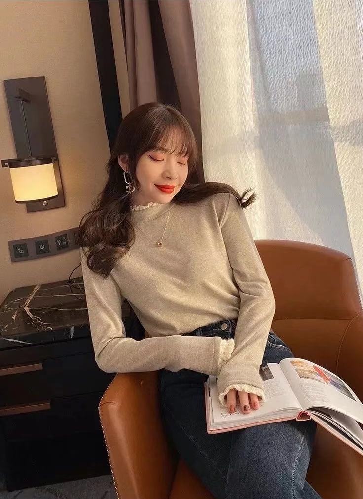 Double-Sided Dralon Toothpick Bottoming Shirt Women's Half Turtleneck Autumn and Winter Fleece Long Sleeve T-shirt Lace Western Style Inner Wear Top