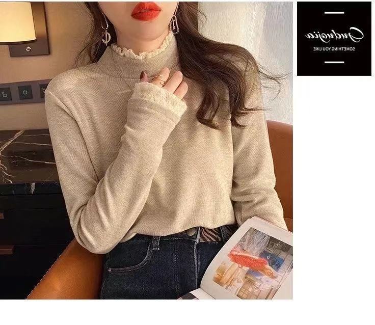Double-Sided Dralon Toothpick Bottoming Shirt Women's Half Turtleneck Autumn and Winter Fleece Long Sleeve T-shirt Lace Western Style Inner Wear Top