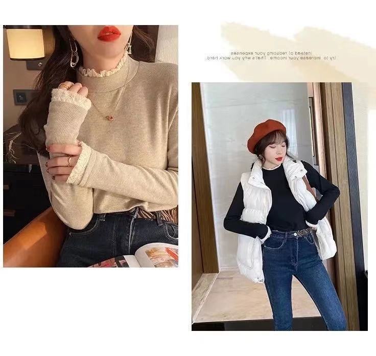 Double-Sided Dralon Toothpick Bottoming Shirt Women's Half Turtleneck Autumn and Winter Fleece Long Sleeve T-shirt Lace Western Style Inner Wear Top