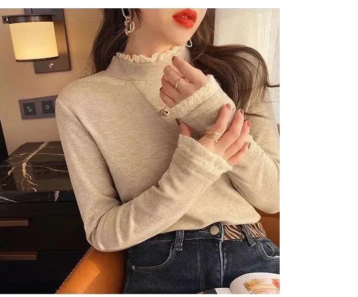 Double-Sided Dralon Toothpick Bottoming Shirt Women's Half Turtleneck Autumn and Winter Fleece Long Sleeve T-shirt Lace Western Style Inner Wear Top