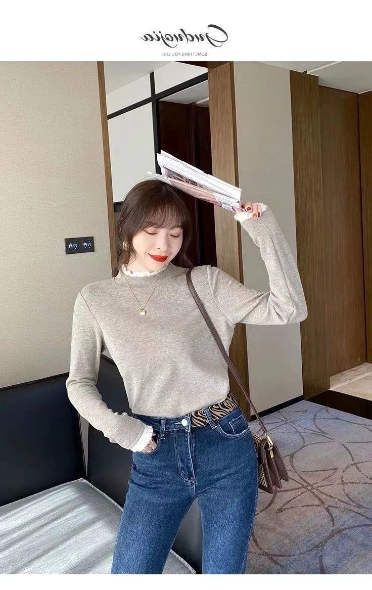 Double-Sided Dralon Toothpick Bottoming Shirt Women's Half Turtleneck Autumn and Winter Fleece Long Sleeve T-shirt Lace Western Style Inner Wear Top