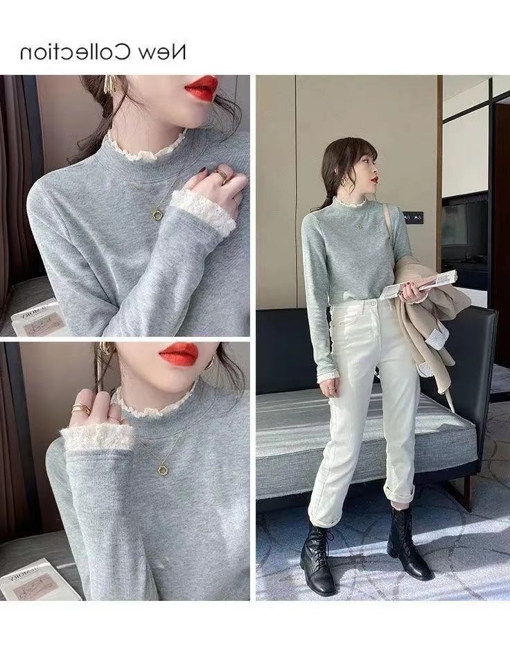 Double-Sided Dralon Toothpick Bottoming Shirt Women's Half Turtleneck Autumn and Winter Fleece Long Sleeve T-shirt Lace Western Style Inner Wear Top