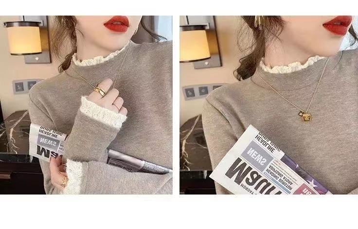 Double-Sided Dralon Toothpick Bottoming Shirt Women's Half Turtleneck Autumn and Winter Fleece Long Sleeve T-shirt Lace Western Style Inner Wear Top