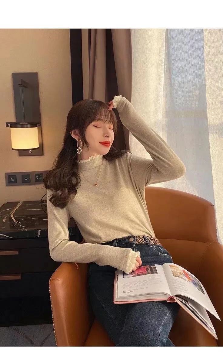 Double-Sided Dralon Toothpick Bottoming Shirt Women's Half Turtleneck Autumn and Winter Fleece Long Sleeve T-shirt Lace Western Style Inner Wear Top