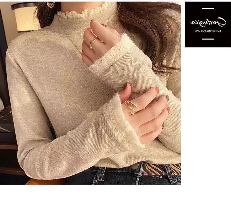 Double-Sided Dralon Toothpick Bottoming Shirt Women's Half Turtleneck Autumn and Winter Fleece Long Sleeve T-shirt Lace Western Style Inner Wear Top