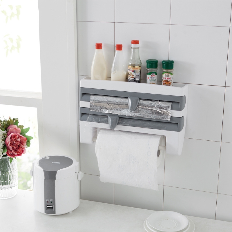 Kitchen Plastic Wrap Storage Rack with Cutter Foil Paper Multifunctional Storage Rack Tissue Rack Towel Rack
