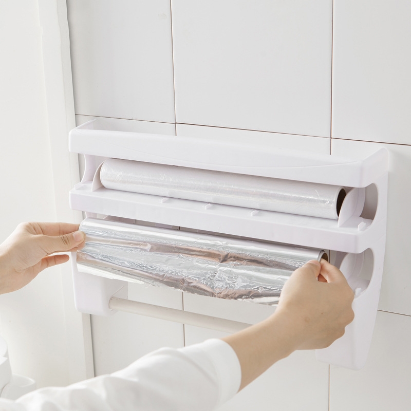 Kitchen Plastic Wrap Storage Rack with Cutter Foil Paper Multifunctional Storage Rack Tissue Rack Towel Rack