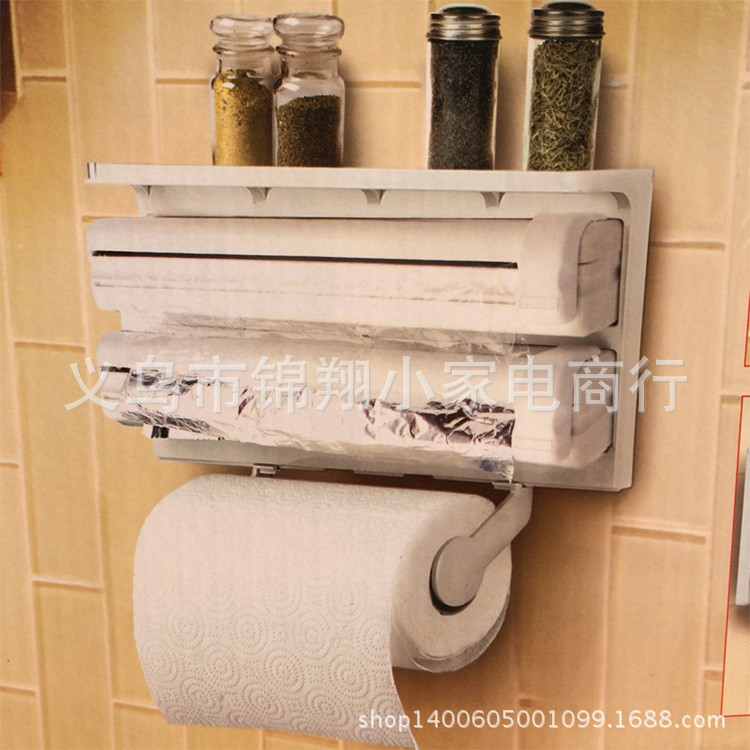 Multi-functional shelves three-layer kitchen plastic wrap rack with cutter paper towel rack and foil Multi-functional shelves three-layer kitchen plastic wrap rack with cutter paper towel rack and foil