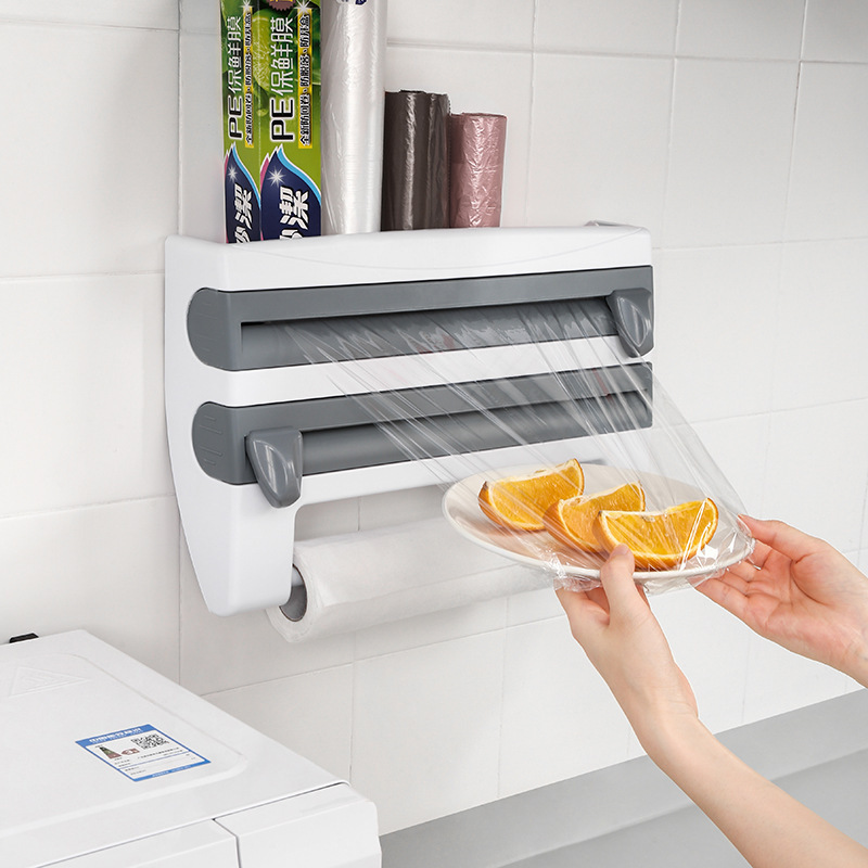 Refrigerator-Mounted Rack Barbecue Plastic Wrap Rack Kitchen Storage Rack with Cutter Plastic Wrap Storage Rack Wall Hanging Tissue Rack