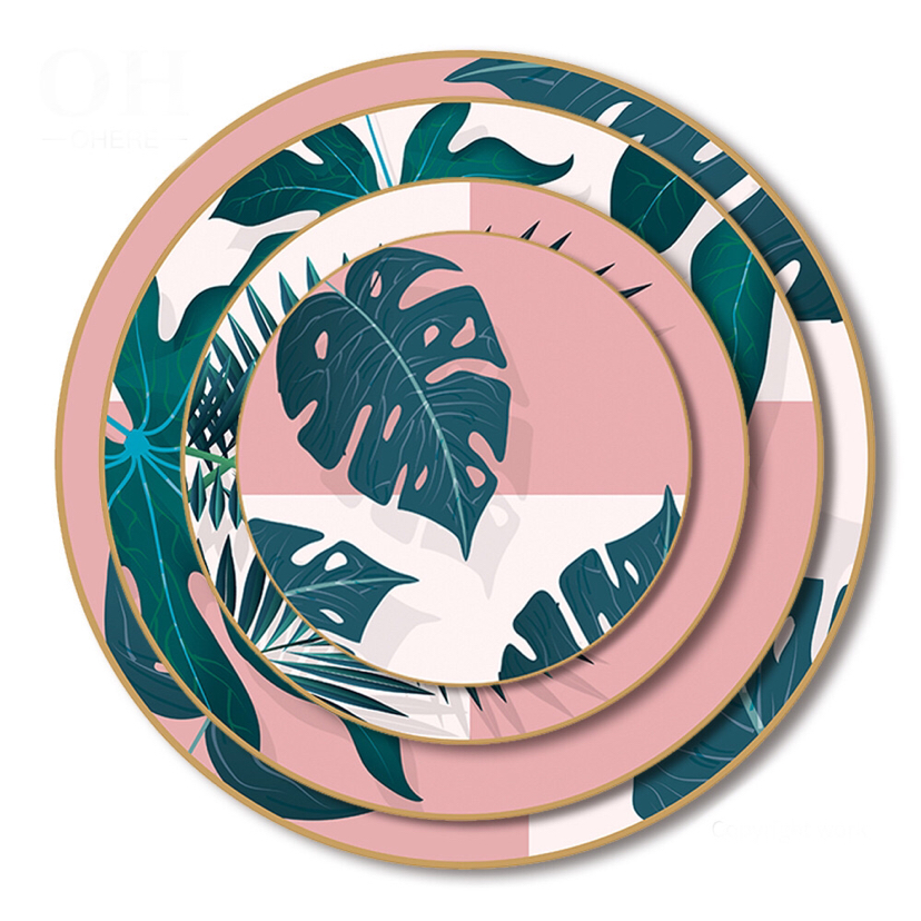 Bone China Dish High Ceramic Western Cuisine Plate Monstera Powder Plate Plate Dish Disc Shallow Plate Large Tray Tableware Set