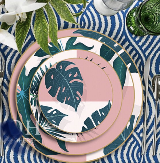 Bone China Dish High Ceramic Western Cuisine Plate Monstera Powder Plate Plate Dish Disc Shallow Plate Large Tray Tableware Set