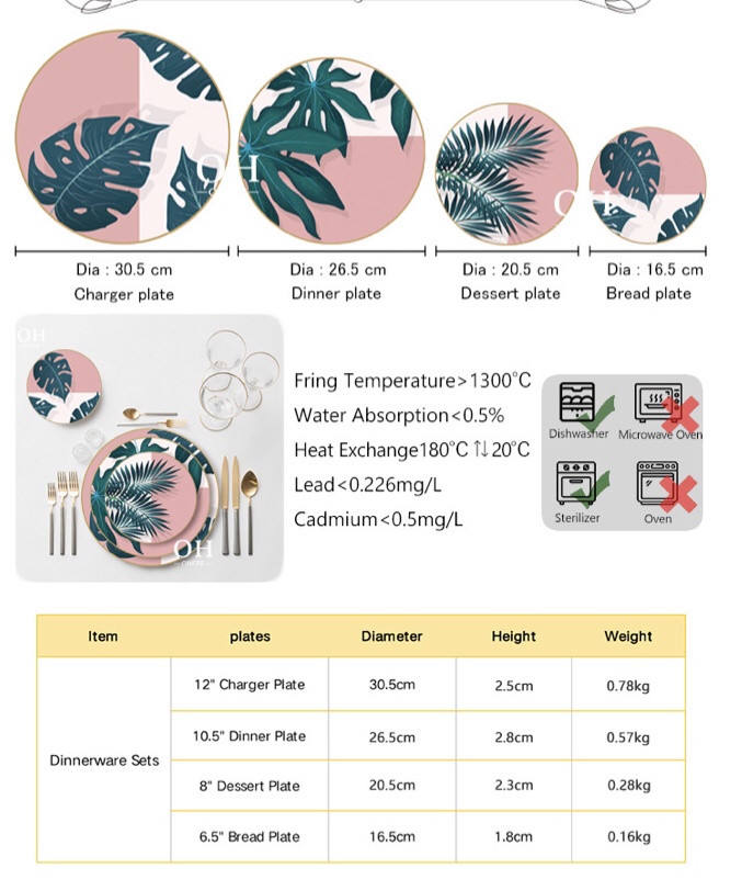 Bone China Dish High Ceramic Western Cuisine Plate Monstera Powder Plate Plate Dish Disc Shallow Plate Large Tray Tableware Set